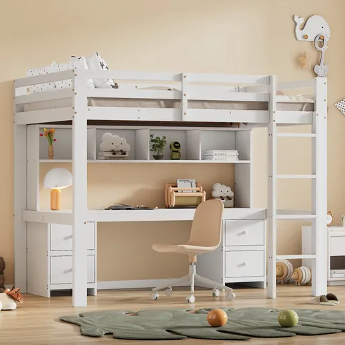 Merax Hochbett Etagenbett 90x200cm mit Schreibtisch und Stauraum - Hochbett aus Kiefernholz mit integriertem Schreibtisch, 4 Schubladen und 4 Regalen. Ideal für Kinderzimmer, fördert Lernen und Ordnung. Sicheres Geländedesign und platzsparend.