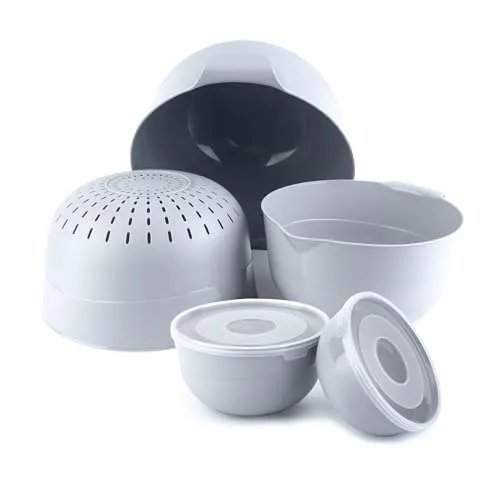 KADAX Schüsselset 5-tlg. mit Deckel, Salatschalen, Plastikschüsseln zur Aufbewahrung von Speisen, Obstschalen, Stapelbare Servierschalen, Rührschüsseln (Hellgrau)