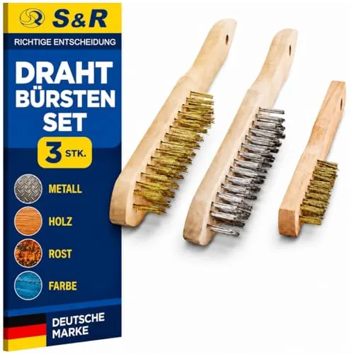 S&R Handdrahtbürste Set 3-tlg, Drahtbürsten mit Holzgriff, 1 Edelstahlbürste 290mm, 2 Messingbürsten 290mm / 180mm, für Metall, Holz, Grill, Industriebürste Metallbürste Handdrahtbürstensatz