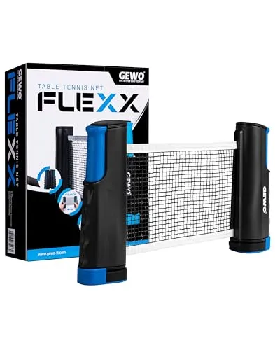 GEWO Table Tennis Net FleXX - Tischtennisnetz für Jeden Tisch - Einstellbare Anti Slip Klemmen für das Tischtennis Netz to Go - bis zu 2m Ausziehbar bei Plattenstärken bis 5cm, Netzhöhe 15,25cm