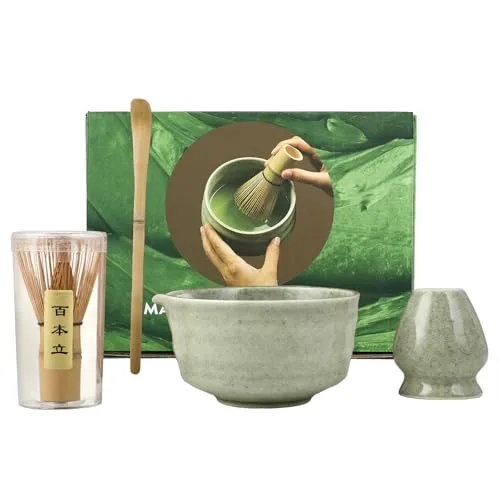 Matcha-Set - Matcha Besen Set - 4-teiliges Matcha-Tea-Set, Matcha-Besen, Matcha-Schale, Chasen und Matcha Löffel - Matcha Zubehör für die Teezeremonie - Geschenk in Grün für Zuhause und Büro