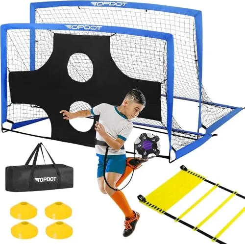 Kinder Fussballtore 2er-Set 180x120 cm für Hinterhoftraining & Aufblasbare Freiluft-Sportspiele - Enthält Fussball, Leiter, Kegel, Schusstor, Kicktrainer & tragbarer Beutel - Trainingssatz (Blau)
