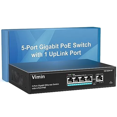 VIMIN 4-Port Gigabit PoE Switch mit 1 Uplink Gigabit Port, 5-Port Unmanaged Ethernet PoE Switch mit 72W Leistung, Unterstützung von IEEE802.3af/at, VLAN, Desktop- oder Wandmontage, Plug & Play