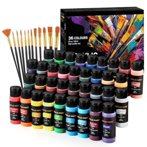 Acrylfarben Set, 36 Farben x 60 ml + 12 Pinsel, Acrylic Paint Set, Künstlerbedarf für Leinwand, Holz, Keramik, Stoffe, ungiftige Reiche Pigmente Acrylfarbe für Anfänger, Studenten, Profis, Künstler