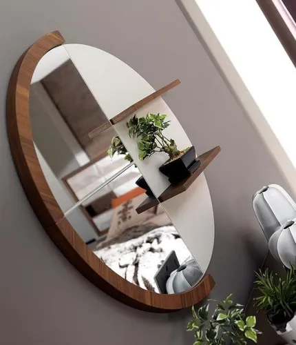 Dekorativer Wandspiegel mit Regalen in Halbkreisform - Moderner Spiegel mit Holzrahmen und praktischen Einlegeböden. Ideal für Esszimmer, Foyer oder Wohnzimmer. Pflegeleicht und mit 2 Jahren Herstellergarantie.
