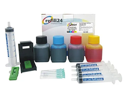 refill24 Nachfüllset: Nachfülltinte 200 ml kompatibel für Druckerpatronen HP 301, 301 XL Schwarz und Farbe Multipack + Zubehör + Anleitung, Refillset mit Druckertinte für DeskJet OfficeJet Envy