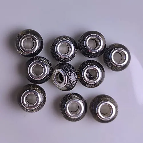 Kopper-24 Großloch Spacer Charm Perlen Rondelle Glitzer, 14 mm, 10 Stück, Grau - Europäische Beads mit Großloch mit Strass Charms Für DIY Armband Schmuckherstellung