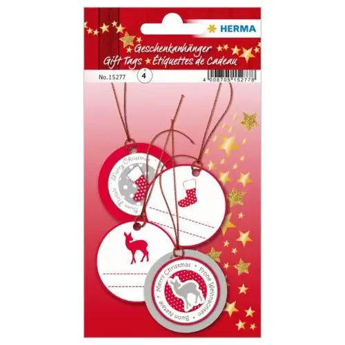 HERMA Geschenkanhänger weiß/rot/grau Xmas mit Motiv Ø 5,0 cm 4 St.