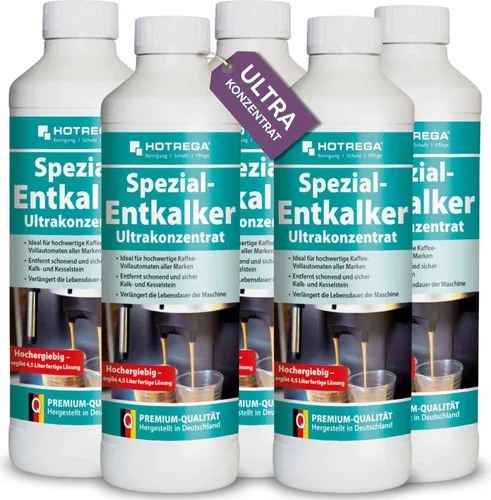 HOTREGA Spezial-Entkalker Ultrakonzentrat - Effektive Entkalkung für Kaffeemaschinen - Entkalkung & Reinigung für Kaffee- & Espressomaschinen. Hochwertiger Bio-Entkalker für mühelose Reinigung, hinterlässt keine Rückstände und verlängert die Lebensdauer Ihrer Maschine.