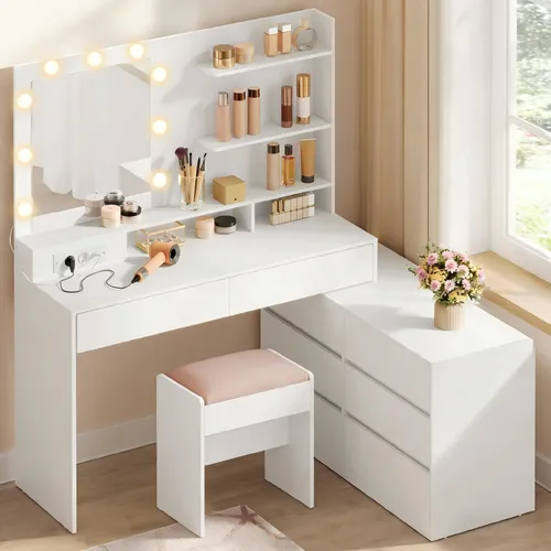VASAGLE Schminktisch 3 Lichtfarben, mit drehbare Seitenkommode, gerade oder L-förmig