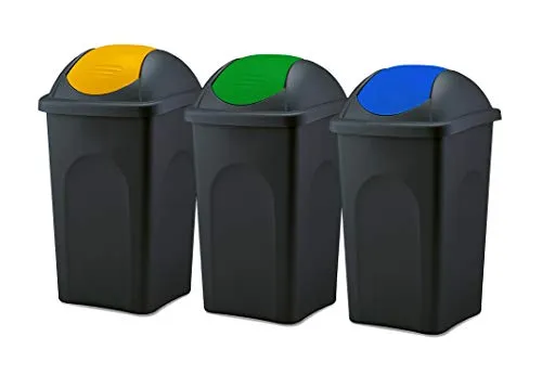 BigDean 3er Set Mülleimer 60L - Schwarz mit Schwingdeckel in Grün, Blau & Gelb - Praktisches 3er Set Mülleimer mit 60L Fassungsvermögen für Haushalt, Küche und Büro. Der Schwingdeckel ermöglicht eine einfache Abfallentsorgung. Aus hochwertigem Kunststoff, leicht zu reinigen und ideal für den täglichen Einsatz.