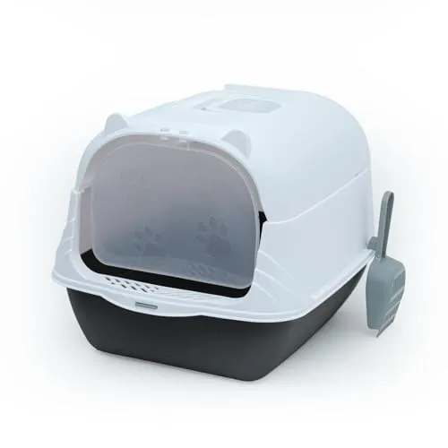 Intirilife Katzentoilette mit Deckel inklusive Schaufel in Schwarz-Weiß -51 x 37,5 x 34,5cm- Katzenklo mit Abdeckung, moderne, geschlossene Toilette für Katzen- WC Hauben Klo-reduzierte Geruchsbildung