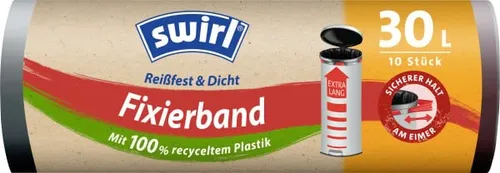 Swirl Müllbeutel extra lang, 30 Liter, mit Fixierband, schwarz, 10 Stück