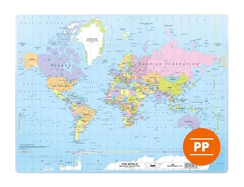 Durable Schreibtischunterlage Weltkarte PP (380 x 500 mm), Schreibunterlage mit Landkarte, 723119