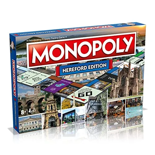 Winning Moves Hereford Monopoly-Brettspiel, Advance to the Bull Statue, Black and White House Museum and the Old Wye Bridge, 2-6 players makes a great gift for ages 8 plus