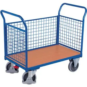VARIOfit Transportwagen Dreiwandwagen sw-600.301 - MultiVario-Transporter mit 3 Drahtgitterwänden und einer Tragkraft von 500 kg. Ideal für schwere Lasten, einfach zu manövrieren dank Lenkrollen mit EasySTOP Zentralbremse.