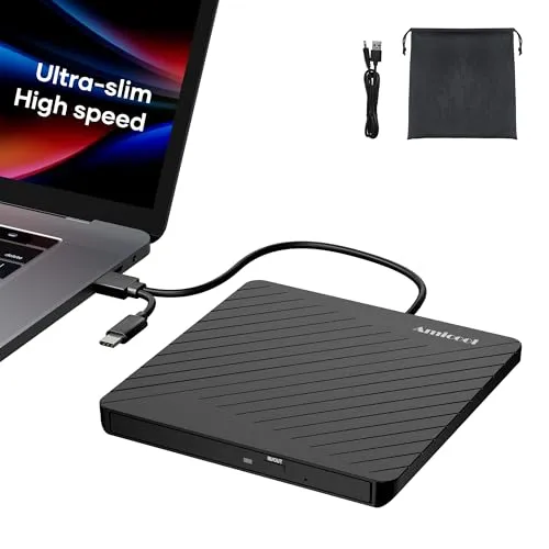 Amicool Externes CD/DVD Laufwerk & DVD±RW Brenner USB 3.0 & USB-C, Duale Stromversorgung (USB/Netzteil)