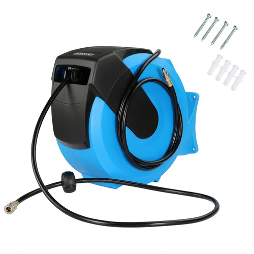 Druckluftschlauch Aufroller 30m mit Schnellkupplung - Druckluftzubehör mit automatischer Schlauchaufrollung, ideal für Ordnung in Werkstatt oder Garage. Flexibel um 180° drehbar und sofort einsatzbereit dank vormontierter Teile.