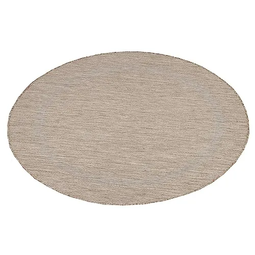 Teppium Outdoor Teppich Wetterfest 120 cm Rund Beige Sisal Optik - Küchenteppich Waschbar rutschfest, Wasserfest, Bordüre, Pflegeleicht - Ideal für Balkon, Terassen, Garten, Camping oder Küche