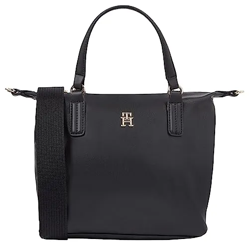 TOMMY HILFIGER Schwarze Damentasche - Handtasche mit Reißverschluss, geräumig und funktionell, ideal für den täglichen Gebrauch mit verstellbarem Schultergurt und Markenlogo.