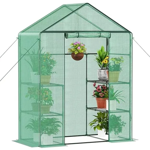 Ribelli Foliengewächshaus, Gewächshaus mit Aufrollbarer Tür, Tomatengewächshaus 143x195x73 cm, 4 Regale Treibhaus, Winterfest PE-Gitterfolie, Gartenhaus für Pflanzen, Gemüse, Blumen, Grün