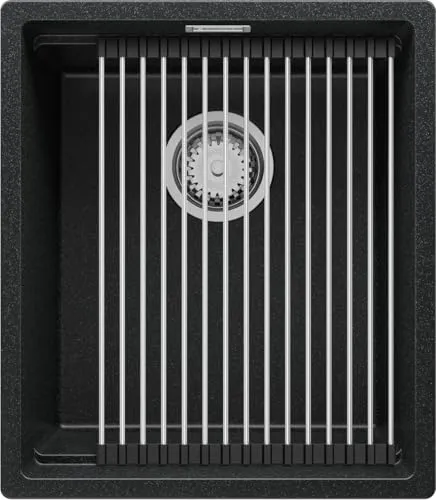 PRIMAGRAN Unterbauspüle Granit Anthrazit 41x47cm, Spülbecken 1 Becken + Ablauf-Set + Aufrollbare Abtropffläche, Granitspüle ab 45er Unterschrank - Praga S039