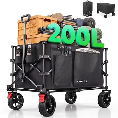HOMECALL Bollerwagen Handwagen XXL mit Kühltasche - Geräumiger Handwagen mit 200L Volumen und praktischer Kühltasche. Ideal für Einkäufe, Camping und Garten. Ausgestattet mit breiten All-Terrain-Rädern für einfachen Transport.