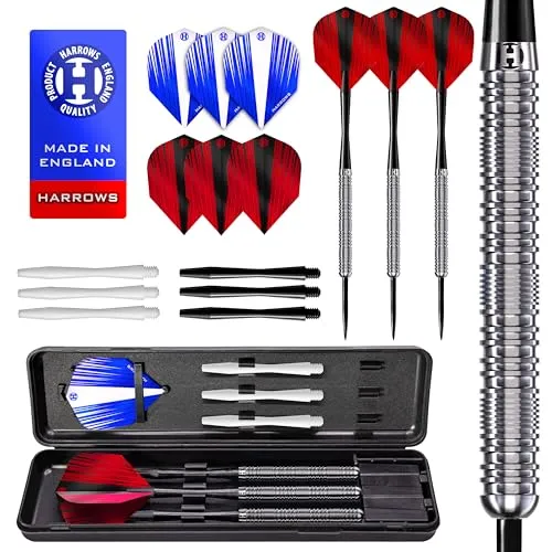 Harrows Caliber 90% Tungsten Steel Tip Darts Set I 21g bis 30g Alle Gewichte verfügbar I Riesiges 16-teiliges Bundle mit Ersatzschäften, Prime Flights & Reiseetui (22 Grams)