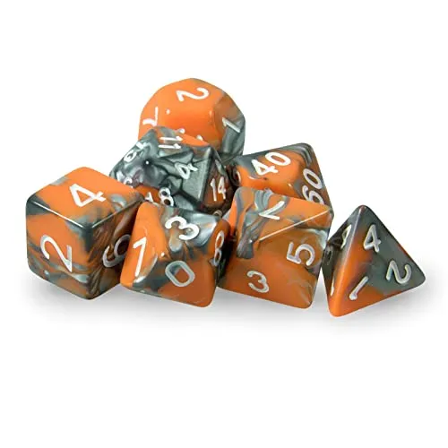 shibby 7 polyedrische Würfel für Rollen- und Tabletopspiele in dichromatisch orange - mit Beutel