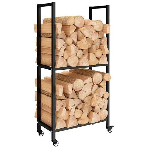 Outsunny Kaminholzregal für innen - 2 Ebenen Stahl 60 x 30 x 119cm - Kaminholzregal aus pulverbeschichtetem Stahl, rostbeständig und mit drehbaren Rädern für einfache Mobilität. Hält Brennholz ordentlich und trocken – ideal für Innenräume und stilvoll in jeder Wohnkultur.
