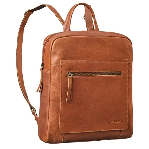 ROYALZ 'Nebraska' Vintage Damen Rucksack klein Echt Leder Cityrucksack Modern Echtleder Tagesrucksack für DIN A4 Dokumente 12.9 Zoll Tablet, Farbe:Texas Braun