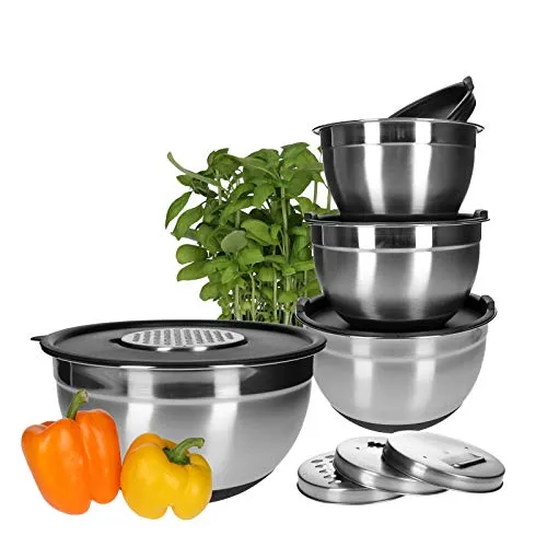 13tlg Set Edelstahl Rührschüssel 18/10 mit Deckel und Reibeeinsätzen - Reiben & Küchenreiben: Hochwertiges 13-teilige Rührschüssel-Set aus rostfreiem Edelstahl 18/10, inkl. 4 Reibeeinsätzen und rutschfestem Silikonboden für sicheren Stand.
