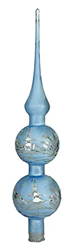 Jingle Bells Lauscha Christbaumspitze eisblau mit Silber Winterlandschaft mundgeblasen handbemalt