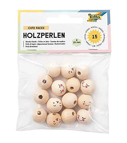 folia 22981 - Holzperlen Cute Faces, 15 runde Holzkugeln mit lustigen Gesichtern bedruckt, sortiert in 3 Motiven, natur, Durchmesser 15 mm, zum Auffädeln für Ketten oder zum Basteln von Figuren