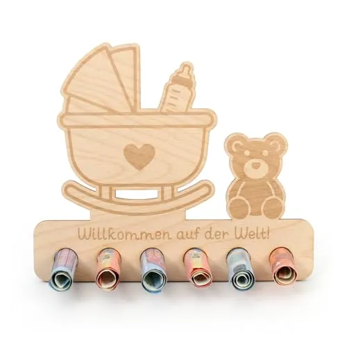 Kreative Feder Geldgeschenk Willkommen auf der Welt zur Geburt - Geldscheinhalter aus Holz in originellem Design mit 6 Löchern für Geldscheine (Willkommen auf der Welt)
