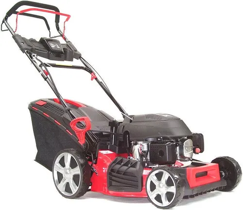 Benzin Rasenmäher 46cm mit Radantrieb und Elektrostart - Benzinrasenmäher 4in1 mit 46cm Schnittbreite, Radantrieb und komfortablem Elektrostart für müheloses Mähen, Mulchen und Fangen.