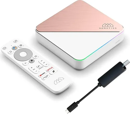 Homatics Box R 4K Plus Mediaplayer - Streaming Client mit 4K UHD und HDR, integriertem DVB-S2X Tuner und Sprachfernbedienung für einfachen Zugriff auf Google Assistant.