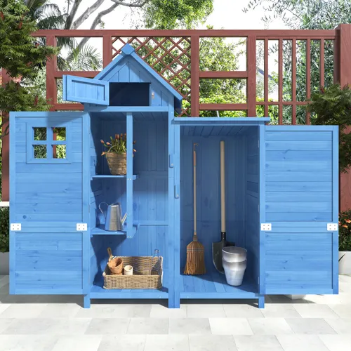 Merax Gartenschrank 118x173x54cm – Wetterfester Geräteschuppen mit Satteldach - Ordnung im Garten schaffen mit dem Merax Gartenschrank aus hochwertigem Tannenholz. Ideal für die Aufbewahrung von Gartengeräten und Spielzeug. Wetterfest, langlebig und mit zwei praktischen Einlegeböden ausgestattet.