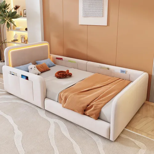 MODFU Kinderbett 90x200 mit LED-Kopfteil und Samtbezug, Beige