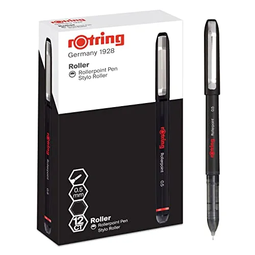rOtring Rollerball Tintenroller | Nadelspitze (0,5 mm) für präzise Linien | schwarze Tinte | 12 Stück