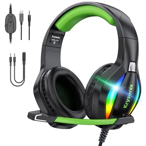 Produktbild Krysenix PG1 RGB Gaming Headset für PS4, PS5, PC, Xbox,Switch, PS5 Gaming Kopfhörer mit LED Licht, Over Ear PC Headset mit Noise Cancelling Mikrofon und 3,5 mm Klinke,Dunkel grün