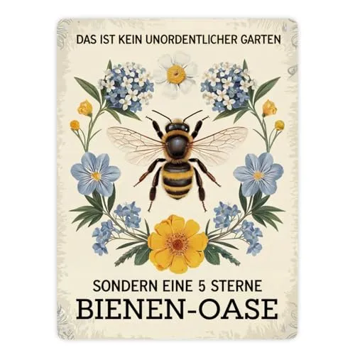 Biene mit Blumen DAS IST KEIN UNORDENTLICHER GARTEN Metallschild XXL in 28x38 cm Lustiges Bienenschild für Gartenliebhaber