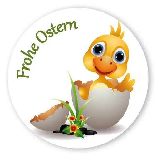 Oster-Aufkleber Ostern-Sticker rund Ø 30mm selbstklebende PE-Folie, 100 Stück auf Rolle Frohe Ostern mit Küken