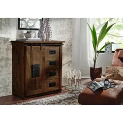 Kommode Mango RAILWAY #403 - 90x45x100 cm - Industrielle Kommode aus massivem Holz, braun lackiert, mit 4 Schubladen und 2 Fächern, ideal für stilvolle Aufbewahrung im Wohnbereich.