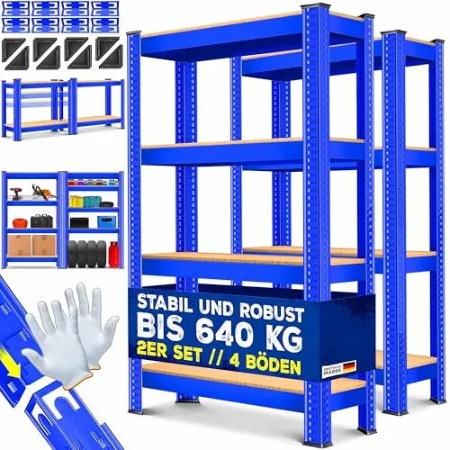 MASKO® 2er-Set Schwerlastregal – 700 kg belastbar - Regale für Keller, Garage und Werkstatt, mit 4 verstellbaren Ablagen und einfachem Stecksystem für schnellen Aufbau.