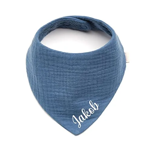 AngelicArt Personalisiertes Dreieckshalstuch aus Baumwolle, Halstuch für Jungen, Mädchen, Unisex, mit Druckknopfverschluss, in verschiedenen Farben mit Wunschnamen-Musselin (Indigo)