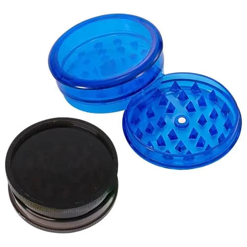 WOLMIK 2 Stk. Grinder plastik Mühlen Kunststoff 60mm drei Teile inklusive Lagerung Crusher Kitchen, Pollen Grinder Crusher, Kräutermühle aus Kunststoff für Spice, Kräuter, Gewürze - Blau & Schwarz