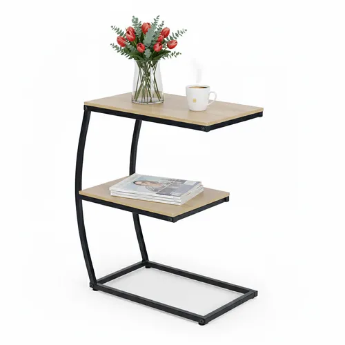 Beistelltisch C-Form mit 2 Ablagen - Eleganter C-Form Beistelltisch in Holzoptik-Schwarz, ideal für Wohnzimmer und Pflegebereiche. Mit 2 praktischen Ablagen für mehr Stauraum.