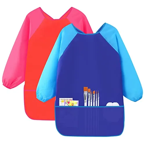 Hoxfly 2 Stück Malschürze Kinder 5-10 Jahre,Bastelschürze mit Ärmeln und 3 Taschen,Kinder Kittel Schürze,Wasserdichte Langarm Malschürze,für Schule Kunst Malerei,Essen,Blau & Rot (Mittel)