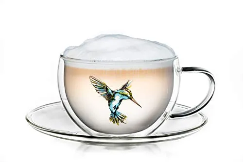 Creano Thermo-Tasse Hummi für Tee/Latte Macchiato, doppelwandig, mit Kolibri-Muster | 250ml in exklusiver Geschenkpackung, Blau